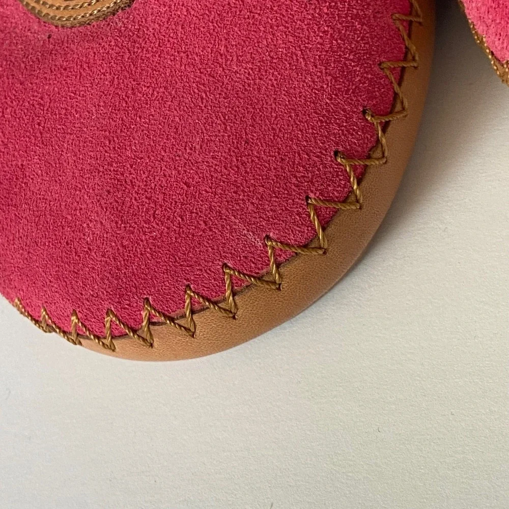 Tory Burch Pink Suede Shearling Lined Slippers Double T Logo Size 7M